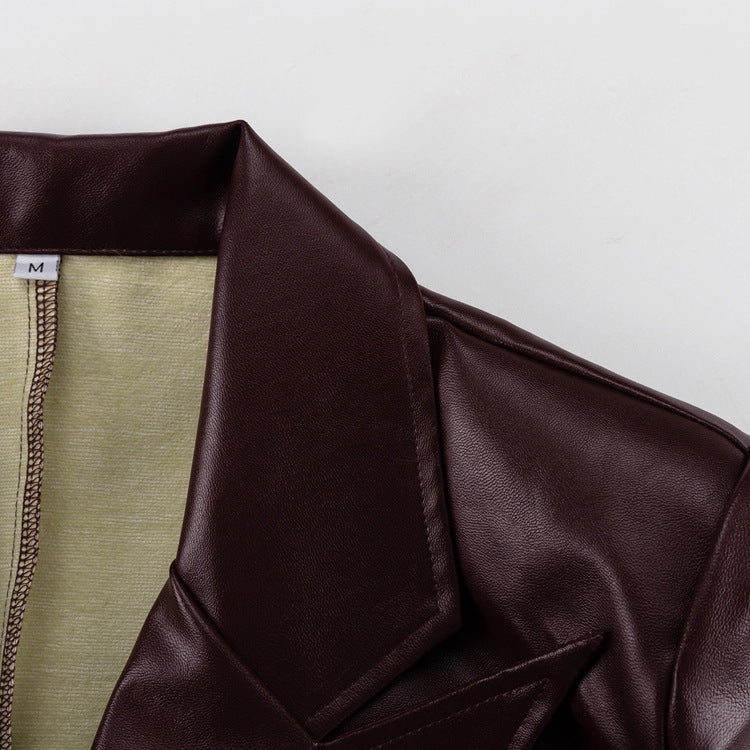 Spring Autumn Retro Green Fruit Collar with Belt Leather Coat High Waist Leather Pants Set for Women - Modestly Vogue 