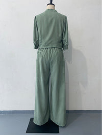 Summer Striped Half Sleeve Top Trousers Suit Women Clothing - Modestly Vogue 