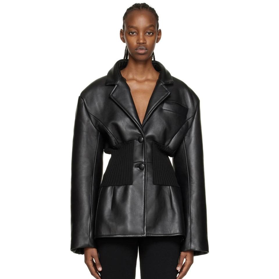 Black  Design Model Faux Leather Jacket Patchwork Knitted Super Tight Waist Contour - Modestly Vogue 