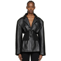 Black  Design Model Faux Leather Jacket Patchwork Knitted Super Tight Waist Contour - Modestly Vogue 