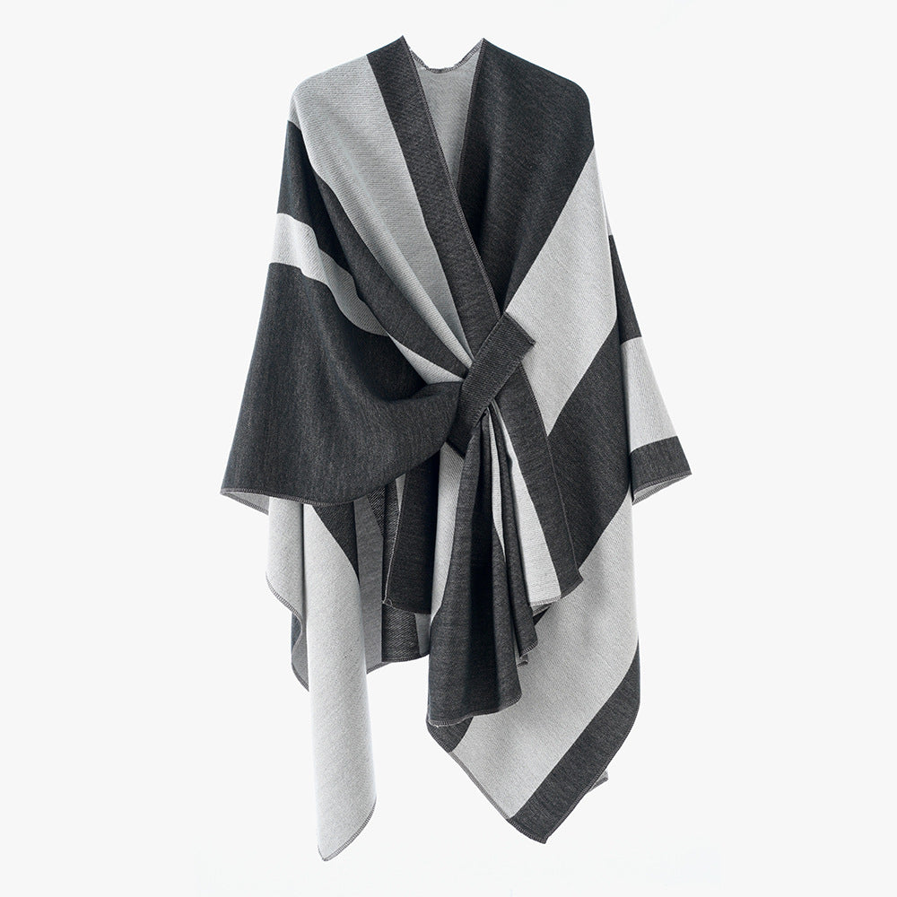 Double Sided Cape Shawl Outer Wear Women Striped Bar Shawl High Sense Cape Shawl