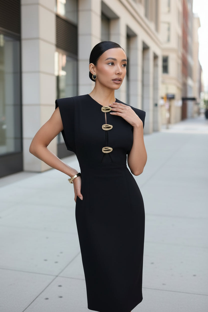 The Structured Button Detail Midi Dress - Modestly Vogue 