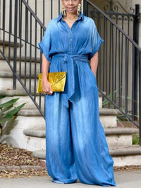 Polo Collar Breasted Lace up Short Sleeve Loose Wide Leg Denim Jumpsuit - Modestly Vogue 