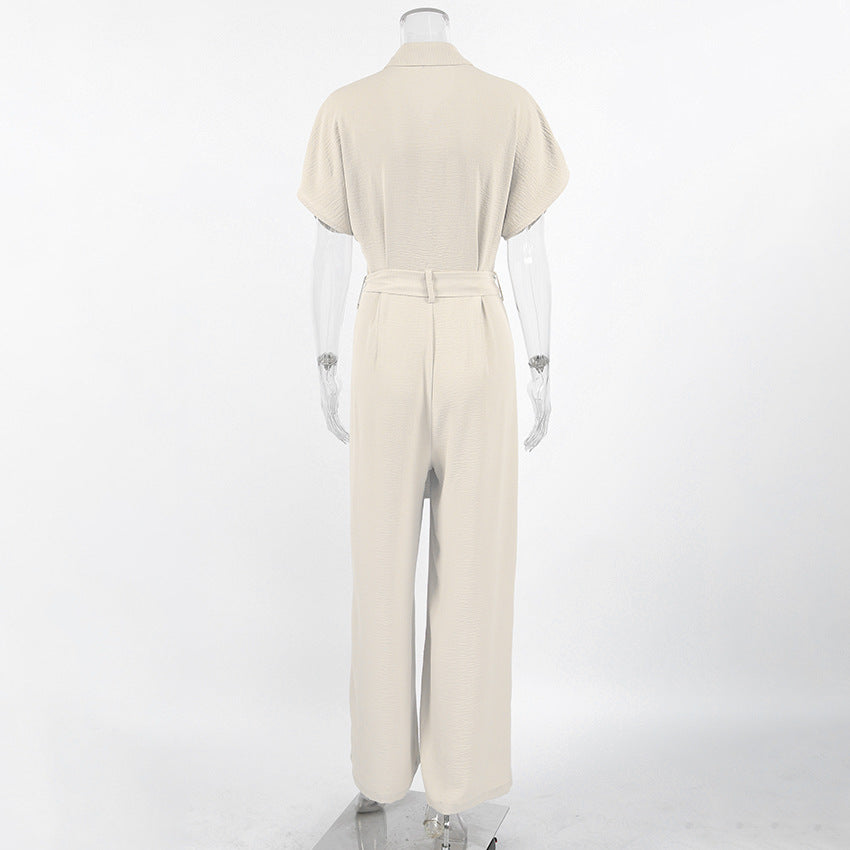 Light Khaki Textured Lace Up Waist Jumpsuit Short Sleeve Jumpsuit - Modestly Vogue 