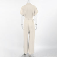 Light Khaki Textured Lace Up Waist Jumpsuit Short Sleeve Jumpsuit - Modestly Vogue 