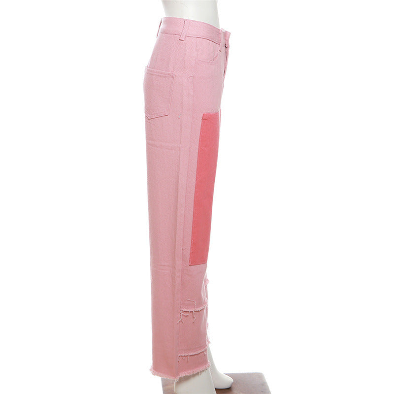 Contrast Color High Waist Loose Casual Jeans Pants - Modestly Vogue 