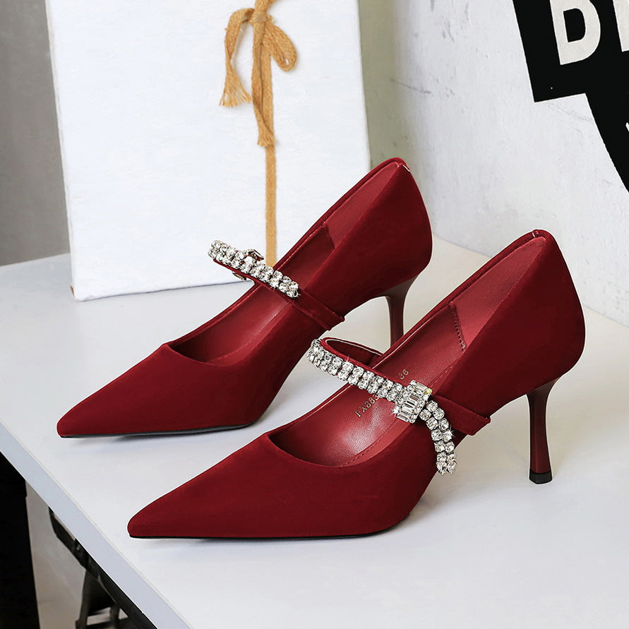 Rhinestone Strap Pointed Toe Suede Stiletto High Heels for Women
