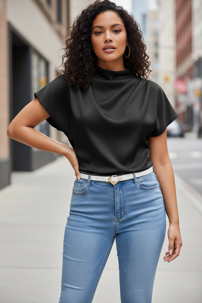Women’s Pleated Satin Top – Round Neck Short Sleeve Blouse - Modestly Vogue 
