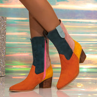 Women Pointed Toe Colorblock Western Boots Side Zipper Warm Lining Low Heel Middle Boots