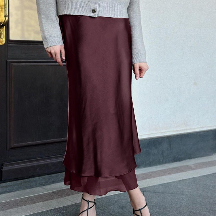Women Clothing Satin Skirt Women Spring Summer Patchwork Mesh Double Layer Design Sheath - Modestly Vogue 