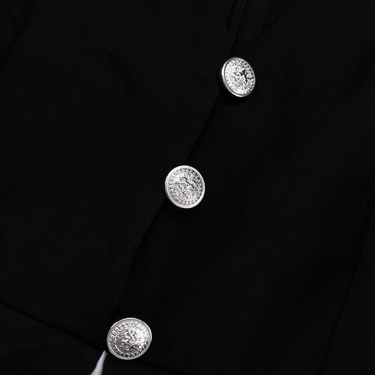 Black & White Color Contrast A-Line Dress – V Neck Flared Sleeves