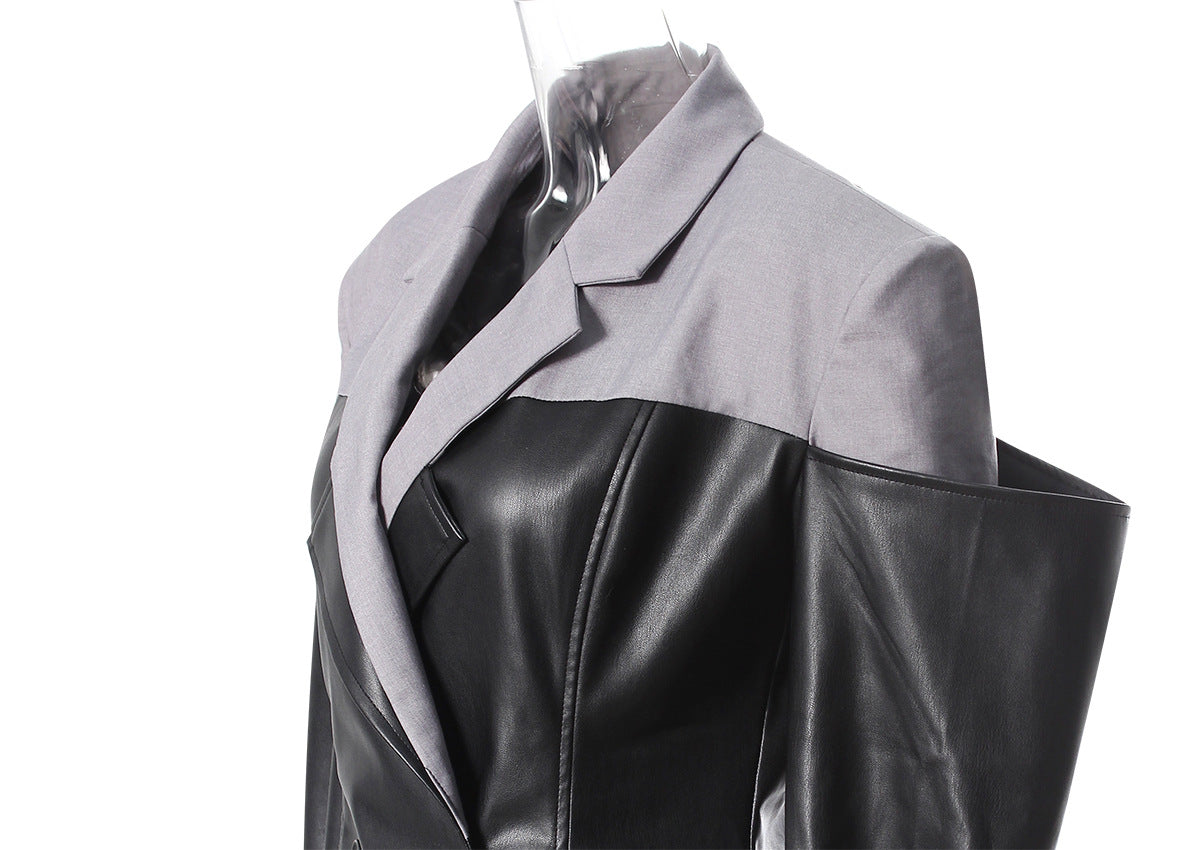 Women’s Faux Leather Stitching Blazer – Loose Autumn Jacket