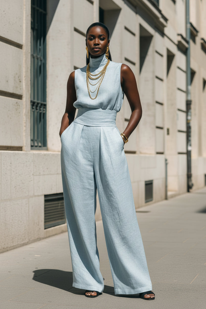 Spring Solid Color Elegant Women Simple Cotton Linen Blended Sleeveless Top Wide Leg - Modestly Vogue 
