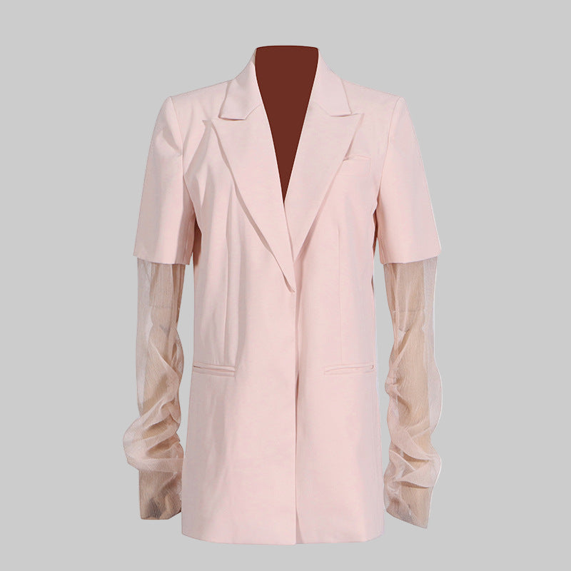 V-Neck Pink Mesh Stitching Long Sleeve Women’s Blazer - Modestly Vogue 