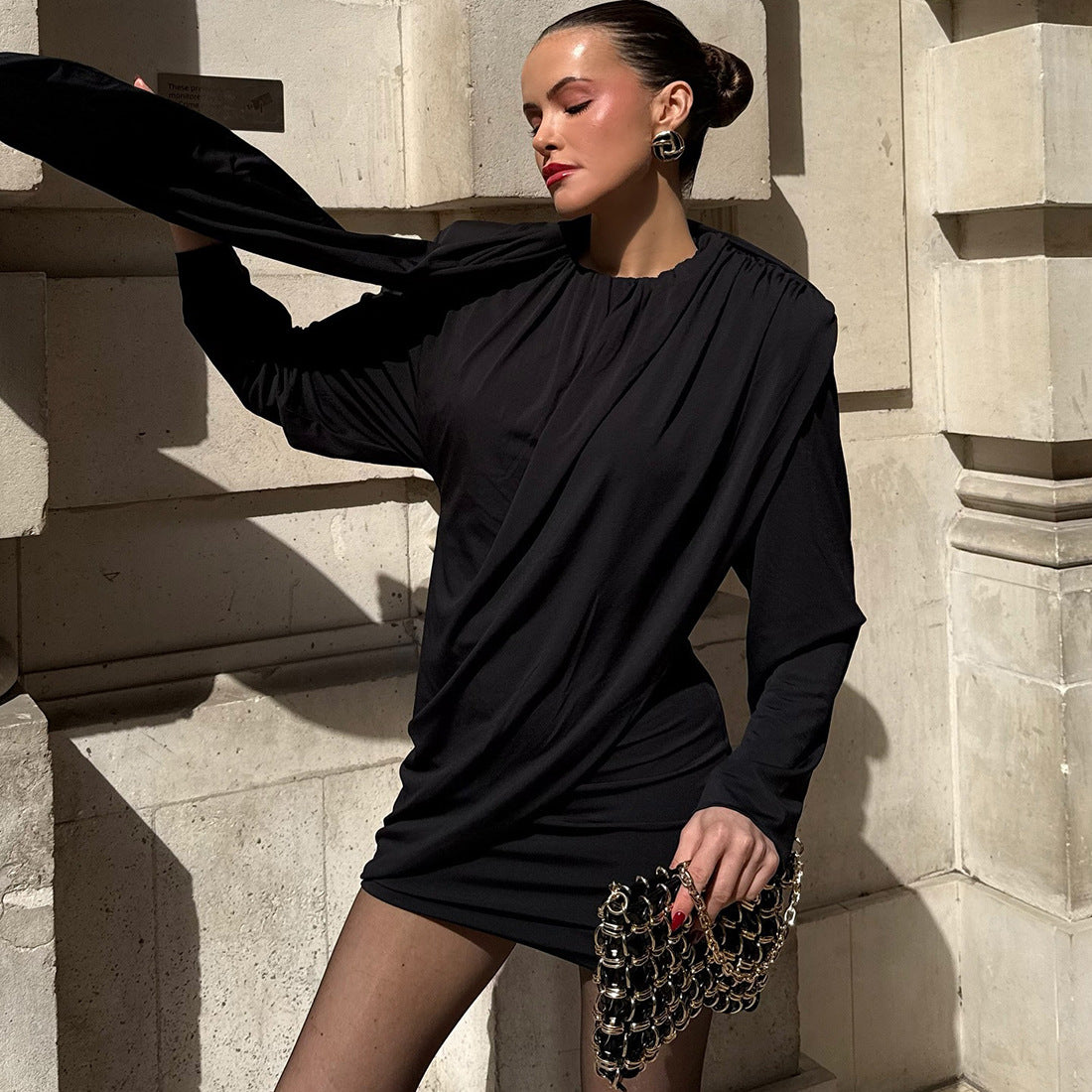 Fall Women’s Round Neck Long Sleeve Sheath Ribbon Dress