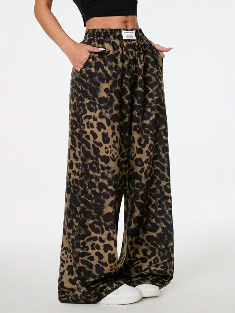 Women’s Winter Leopard Print Wide Leg Trousers – Casual Loose Fit