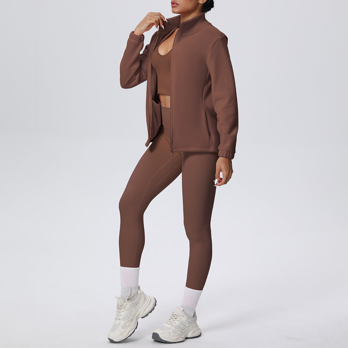 High Waist Seamless Yoga Pants with  Sports Long Sleeve Zipper Fleece Padded Coat - Modestly Vogue 