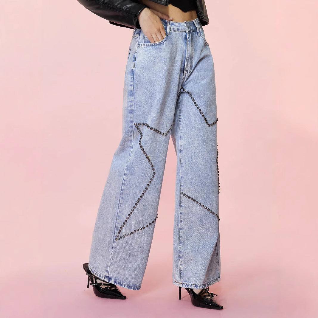 Women Clothing Loose Retro Beaded Jeans Trousers - Modestly Vogue 