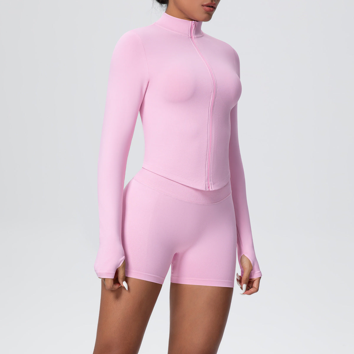 Stand Collar Knitted Long Sleeve Zipper Yoga Jacket Tight Quick Drying Yoga Shorts Fitness Yoga Wear Set for Women - Modestly Vogue 