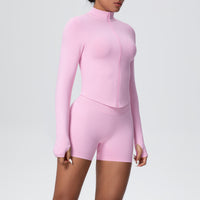 Stand Collar Knitted Long Sleeve Zipper Yoga Jacket Tight Quick Drying Yoga Shorts Fitness Yoga Wear Set for Women - Modestly Vogue 