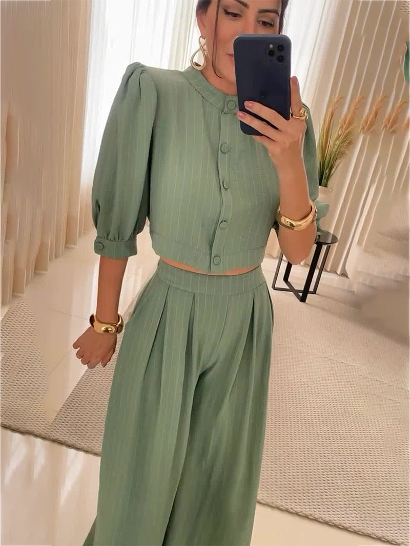 Summer Striped Half Sleeve Top Trousers Suit Women Clothing - Modestly Vogue 