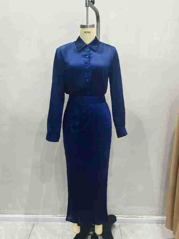 Two Piece Simple Elegant Office Drape Shirt High Waist Ruched Mid Length Skirt Two Piece Sets - Modestly Vogue 