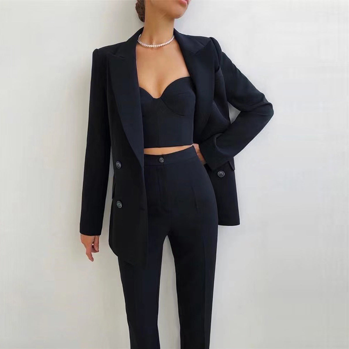 Black Tailored Bustier Blazer Suit Set Three Piece Pant Set - Modestly Vogue 