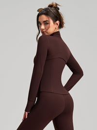 Sports Jacket Women Slim Fit Slimming Yoga Jacket Long Sleeve with Finger Stall Stand Collar High Grade Yoga Clothes (Copy) - Modestly Vogue 