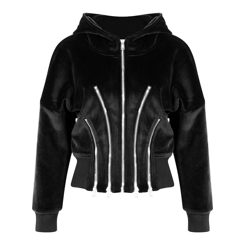 BlackVelvet Hooded for Women Autumn Thickened Composite Multi Metal Zipper Split Waist Trimming Women - Modestly Vogue 