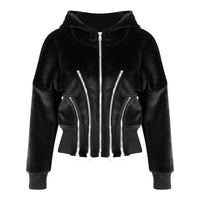 BlackVelvet Hooded for Women Autumn Thickened Composite Multi Metal Zipper Split Waist Trimming Women - Modestly Vogue 
