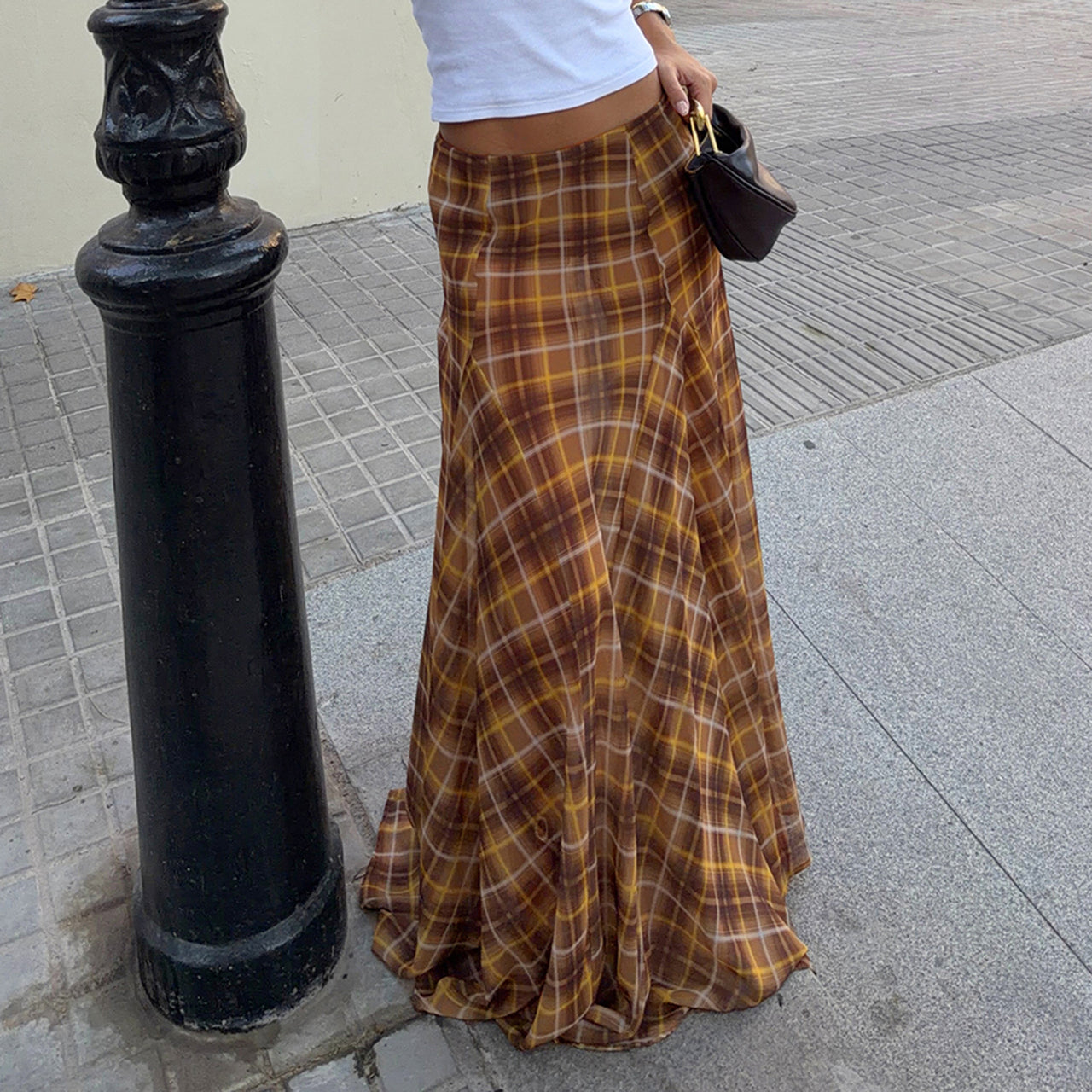 Retro Patchwork Plaid A line Long Skirt