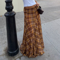 Retro Patchwork Plaid A line Long Skirt