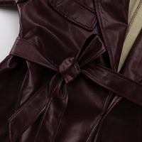 Spring Autumn Retro Green Fruit Collar with Belt Leather Coat High Waist Leather Pants Set for Women - Modestly Vogue 