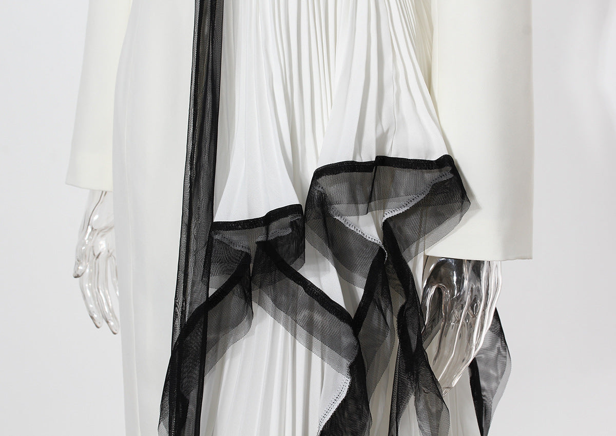 White and Black Asymmetric Pleated Elegant Ruffled Contrast Color Long Blazer Dress - Modestly Vogue 