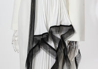 White and Black Asymmetric Pleated Elegant Ruffled Contrast Color Long Blazer Dress - Modestly Vogue 