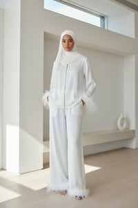 Spring Summer White Cardigan Lace up Feather Long Sleeved Trousers Pajamas Women Can Be Outerwear Homewear - Modestly Vogue 