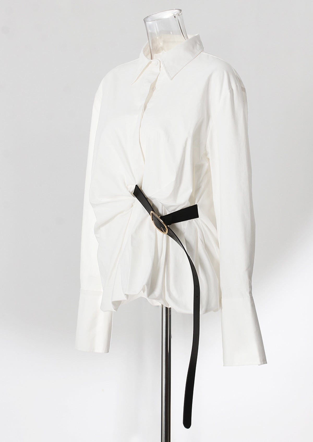 Pleated Waist Belted Mid-Length Shirt – White Casual Fashion Top - Modestly Vogue 