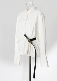 Pleated Waist Belted Mid-Length Shirt – White Casual Fashion Top - Modestly Vogue 