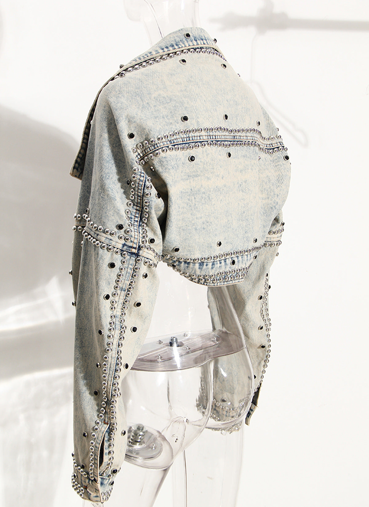 Blue Shawl Denim Coat Women Spring Short Jacket Loose Long Sleeve Heavy Industry Rivet Thin Denim Top - Modestly Vogue 