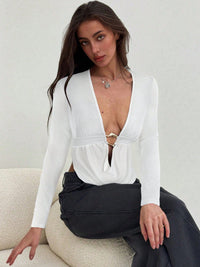 Black Hardware Plunging Neckline Top - Modestly Vogue 