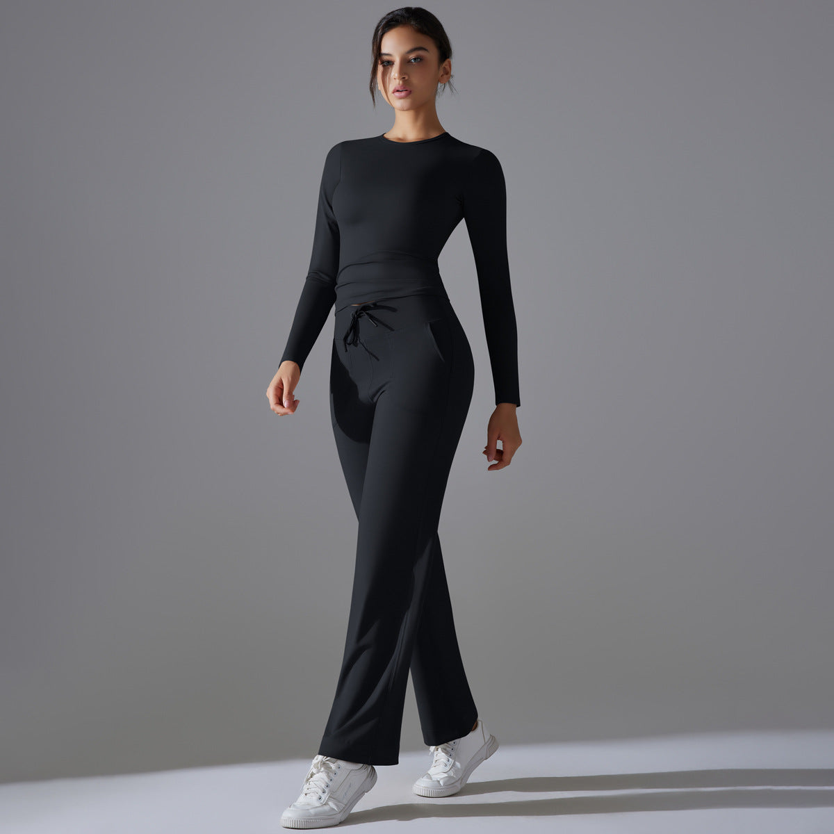 Nude Feel Skin Long Sleeve Yoga Workout Clothes Pocket Running Sports Drawstring Wide Leg Pants Sets - Modestly Vogue 