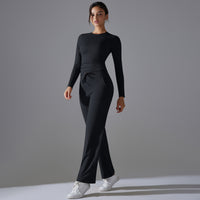 Nude Feel Skin Long Sleeve Yoga Workout Clothes Pocket Running Sports Drawstring Wide Leg Pants Sets - Modestly Vogue 