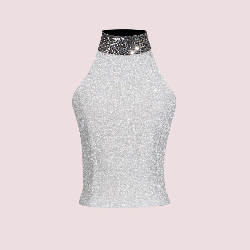 Halter Knitted Sequin Collar High Neck Tank Top - Modestly Vogue 