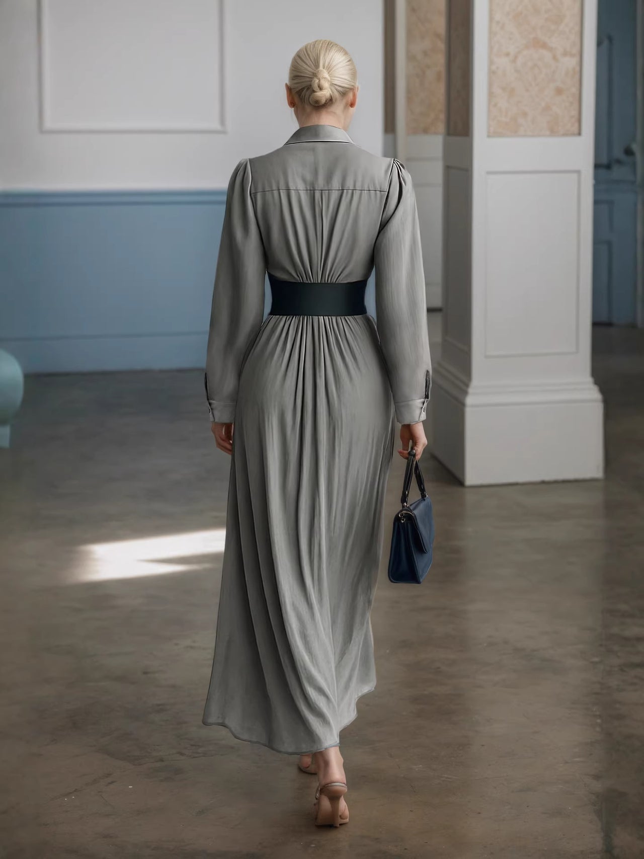 Spring Autumn French Elegant Collared Breasted Shirt Dress with Belt Dress - Modestly Vogue 