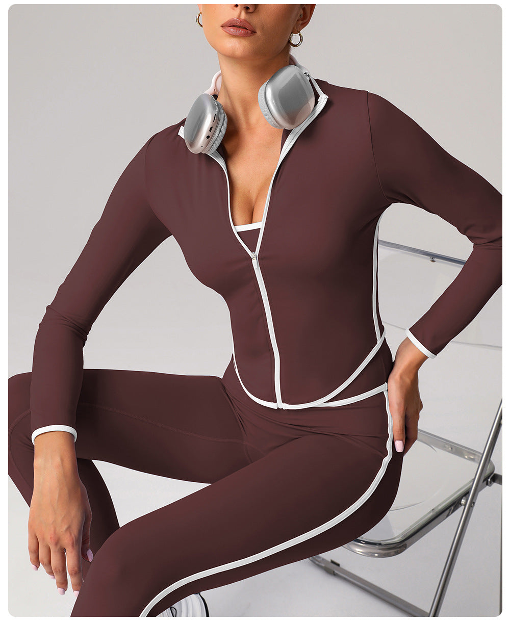 Contrast Color Yoga Jacket – Long Sleeve Stand Collar Workout Top