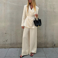 High Grade Satin Office Suit Women Elegant V neck Long Sleeve Tied Top Loose Wide Leg Pants Two Piece Set - Modestly Vogue 