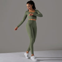 Seamless Knitted Long Sleeve Exercise Workout Pants Quick Drying Jacquard Breathable Hip Lifting Running Yoga Clothes Suit