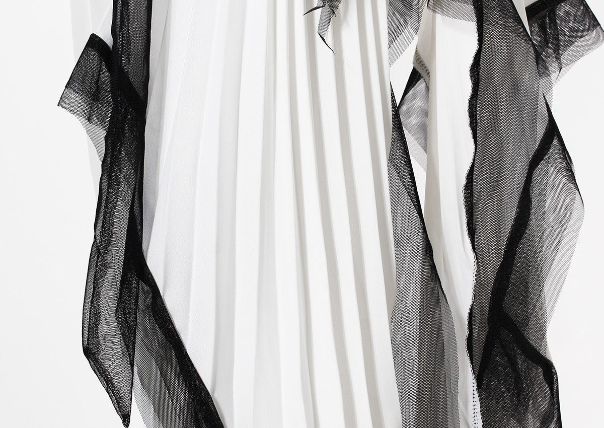 White and Black Asymmetric Pleated Elegant Ruffled Contrast Color Long Blazer Dress - Modestly Vogue 