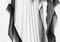 White and Black Asymmetric Pleated Elegant Ruffled Contrast Color Long Blazer Dress - Modestly Vogue 