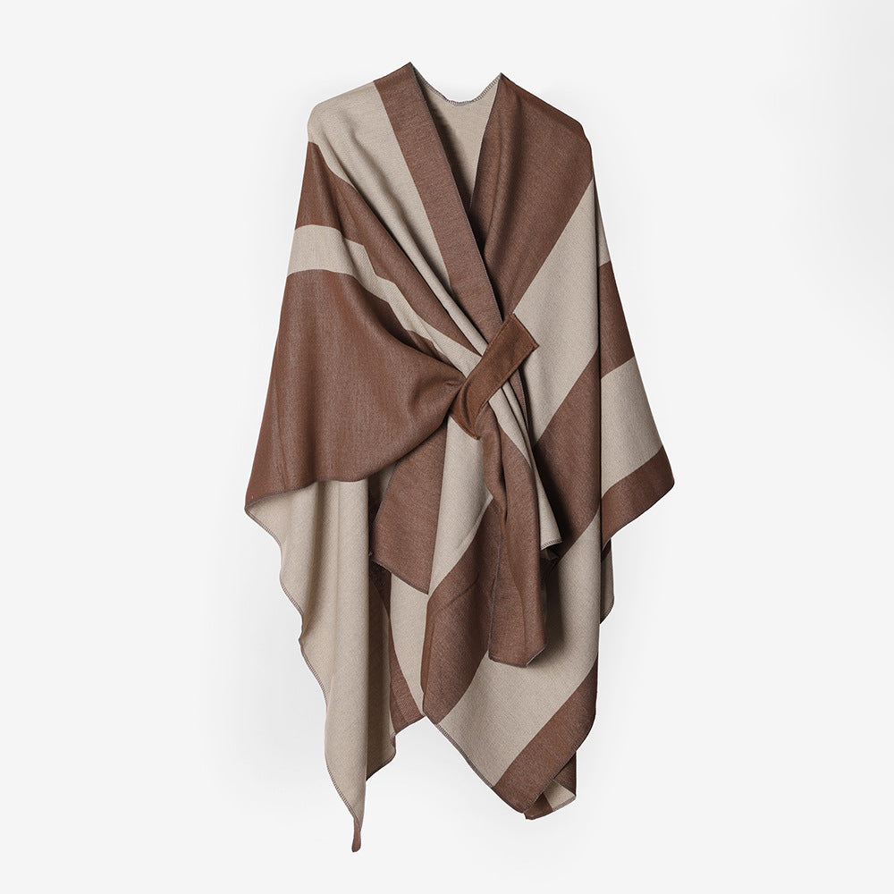 Double Sided Cape Shawl Outer Wear Women Striped Bar Shawl High Sense Cape Shawl